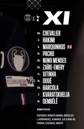 파리 생제르망(PSG)의 14일 오전 4시(한국시간) 이탈리아 블루에너지 스타디움에서 열린 2025 유럽축구연맹(UEFA) 슈퍼컵 결승 라인업. /사진=파리 생제르망(PSG) 공식 사회관계망서비스(SNS)