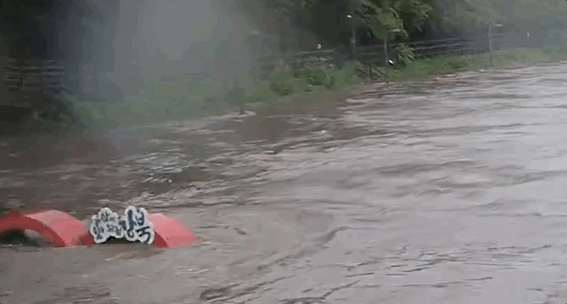 지난 13일 중부지방에 쏟아진 폭우에 서울 강북구 우이천 조형물이 떠내려가고 있다. /사진=SNS 갈무리