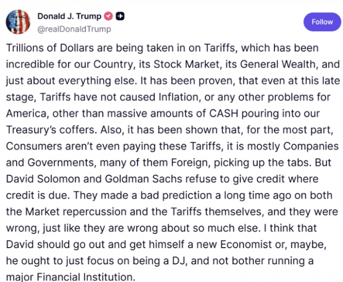 데이비드 솔로몬 골드만삭스 CEO에게 "새 이코노미스트를 알아보라"고 비난하는 트럼프 대통령의 SNS 메시지. /사진=트루스소셜