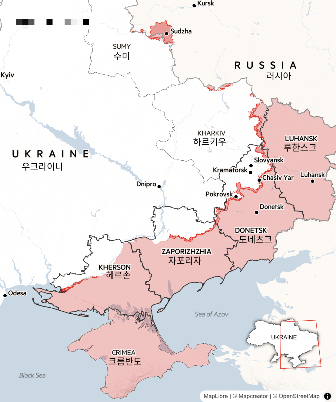 14일 러시아의 우크라이나 영토 점령 상황. 붉은색 부분이 러시아군의 점령지/사진=FT