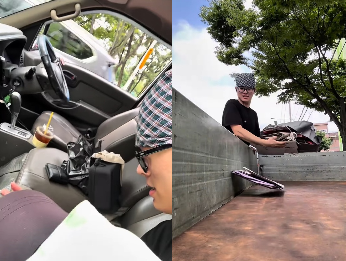 높은 트럭에 올라타기 힘들어하는 할머니를 위해 자신의 팔을 내어주는 김씨(왼), 할머니가 끌고 가던 폐지를 자신의 트럭에 싣는 김씨(오)/사진=인스타그램