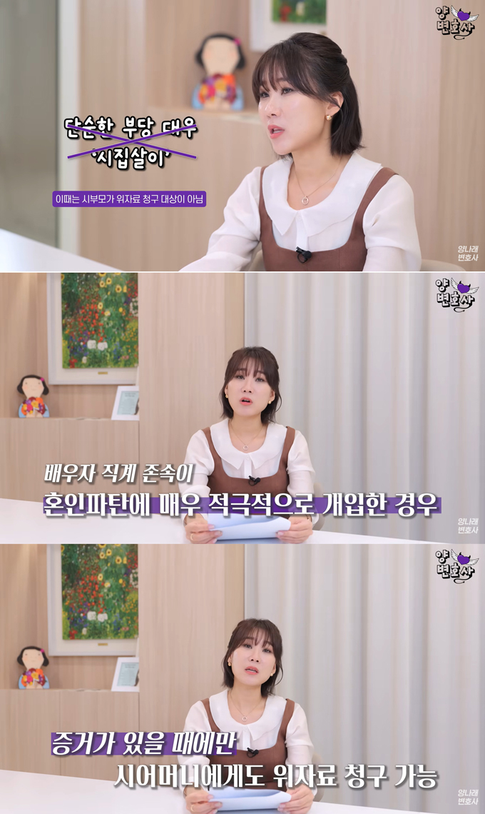 양나래 변호사는 혼인파탄에 적극적으로 개입한 경우 배우자의 직계존속에게도 위자료 청구가 가능하다고 밝혔다. /사진=유튜브 채널 '양나래 변호사' 영상