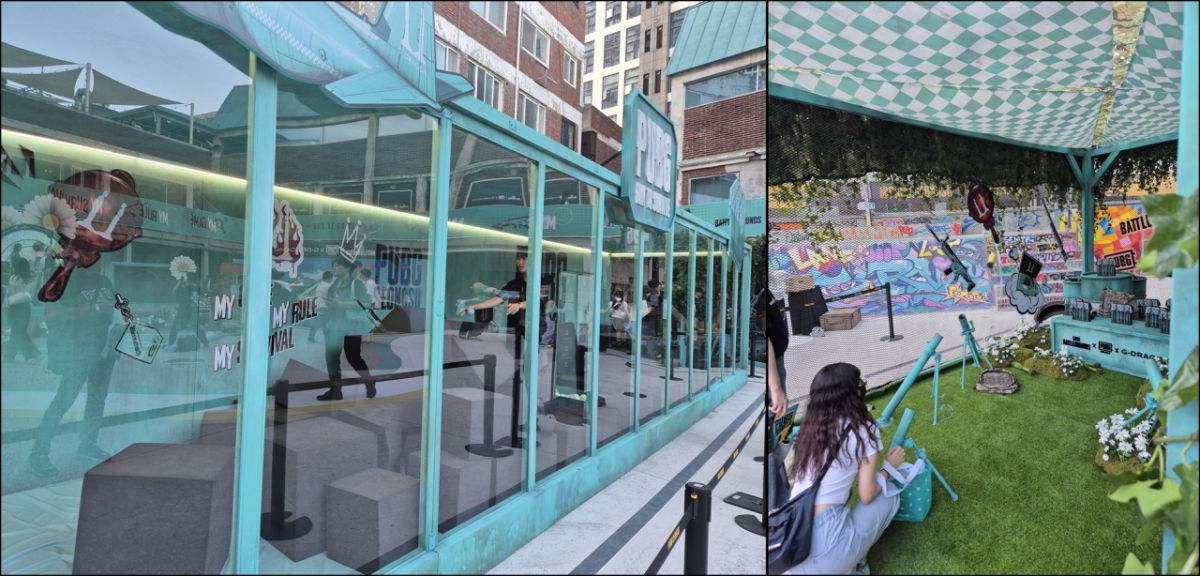 펍지 1층 마당에서 펼쳐진 체험행사. 오른쪽이 박격포 체험/사진=김소연 기자