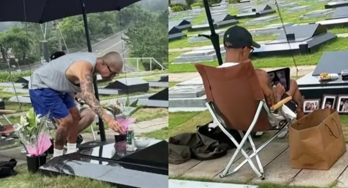 구준엽이 지난 2월 세상을 떠난 아내 쉬시위안(서희원) 묘를 찾은 모습. /사진=웨이보 갈무리