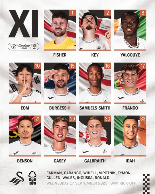 노팅엄 포레스트와 2025~2026시즌 잉글랜드 카라바오컵(리그컵) 3라운드 선발 명단에 포함된 엄지성(10번). /사진=스완지 시티 공식 사회관계망서비스(SNS)