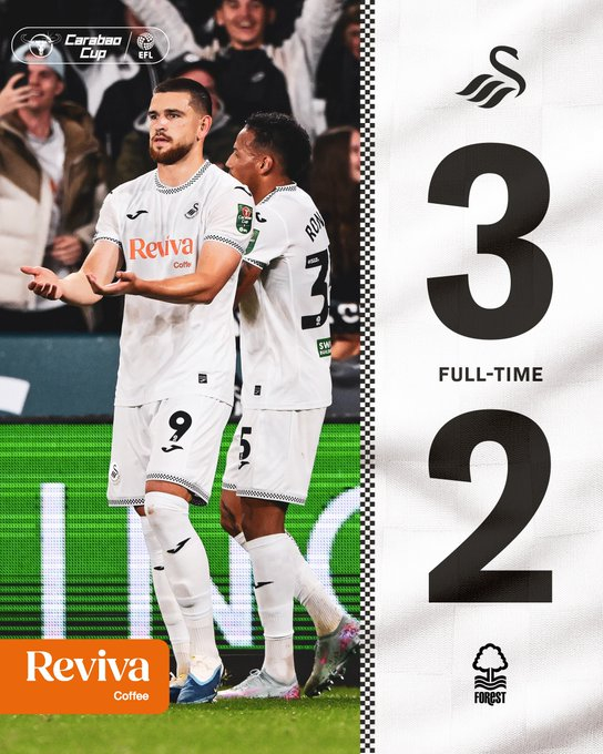 2025~2026시즌 잉글랜드 카라바오컵(리그컵) 3라운드 스완시 시티와 노팅엄 포레스트의 경기 결과. /사진=스완지 시티 공식 사회관계망서비스(SNS)