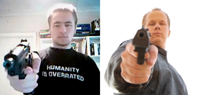 2007년 11월 핀란드 남부의 요켈라 고등학교 총기 난사 사건의 범인 페카 에리크 아우비넨과 2008년 9월 카우하요키의 한 직업학교에서 총기 난사 사건의 범인 마티 사리가 유사한 포즈로 촬영한 사진. 사리는 1년 전 범행을 저지른 아우비넨에게 영향을 받았을 거라 추정됐다. /AFPBBNews=뉴스1