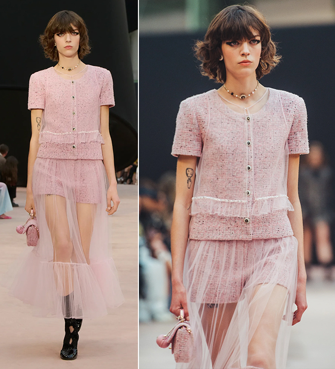 배우 김고은이 패션 브랜드 '샤넬'이 2025/26 가을·겨울 컬렉션으로 선보인 핑크빛 트위드 룩을 소화했다. /사진=샤넬(CHANEL)