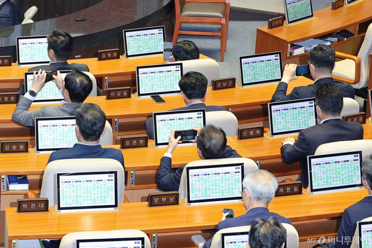 (서울=뉴스1) 신웅수 기자 = 26일 서울 여의도 국회에서 열린 제429회국회(정기회) 9차 본회의에서 검찰청 폐지를 골자로 한 정부조직법 개정안이 통과되자 의원들이 스마트폰으로 사진을 남기고 있다.  검찰청 폐지를 골자로 한 정부조직법 개정안이 국회를 통과하면서 1948년 8월 정부 수립과 함께 설치된 검찰청은 78년 만에 간판을 내리게 된다. 2025.9.26/뉴스1  Copyright © 뉴스1. All rights reserved. 무단 전재 및 재배포,  AI학습 이용 금지. /사진=(서울=뉴스1) 신웅수 기자