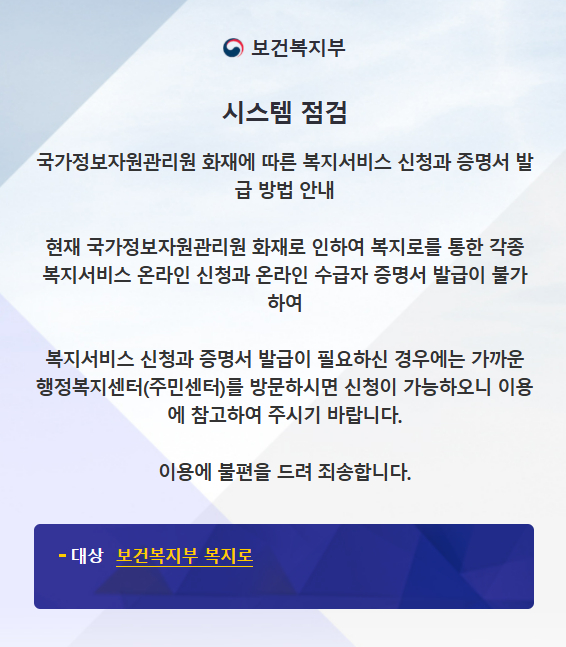 복지서비스 종합포털 '복지로' 접속이 막히면서 기초생활보장이나 아동수당 신청이 온라인상 불가능해졌다. /사진='복지로' 포털 갈무리