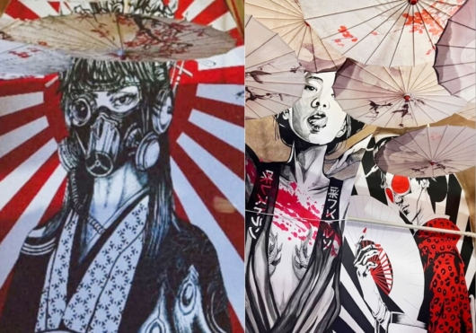 루마니아 한 한식당 내부에 일본 군국주의를 상징하는 욱일기가 그려져 있다. /사진=성신여대 창의융합학부 서경덕 교수팀 제공