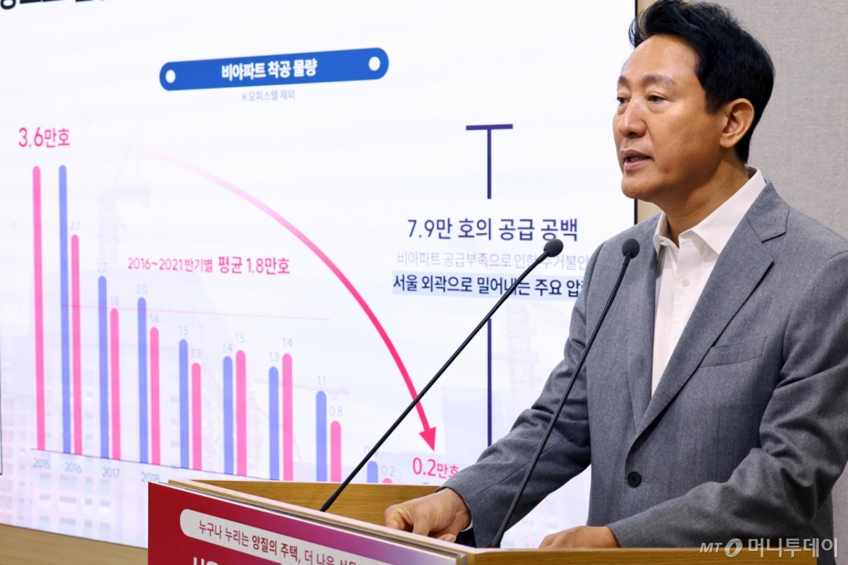 =오세훈 서울시장이 1일 서울 중구 서울시청 브리핑룸에서 열린 등록 민간임대주택 활성화 기자설명회에서 발언하고 있다. /사진=뉴시스