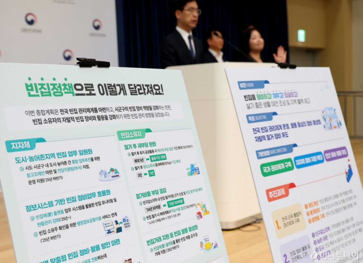 (세종=뉴스1) 김기남 기자 = 김민재 행정안전부 차관보를 비롯한 관계부처 담당자들이 지난 29일 세종시 정부세종청사에서 '범정부 빈집정비 종합계획'을 발표하고 있다. 2025.5.1 Copyright © 뉴스1. All rights reserved. 무단 전재 및 재배포, AI학습 이용 금지. /사진=(세종=뉴스1) 김기남 기자