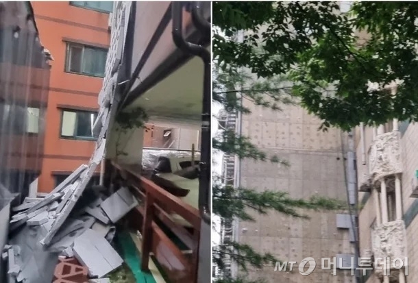지난해 7월 인천 미추홀구 아파트 외벽이 우르르 떨어진 모습./사진=독자제공