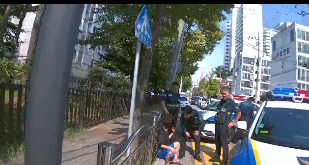 마약에 취해 흉기를 들고 길거리를 활보하는 한 남성이 경찰에 붙잡힌 모습./사진=보배드림 화면캡처.