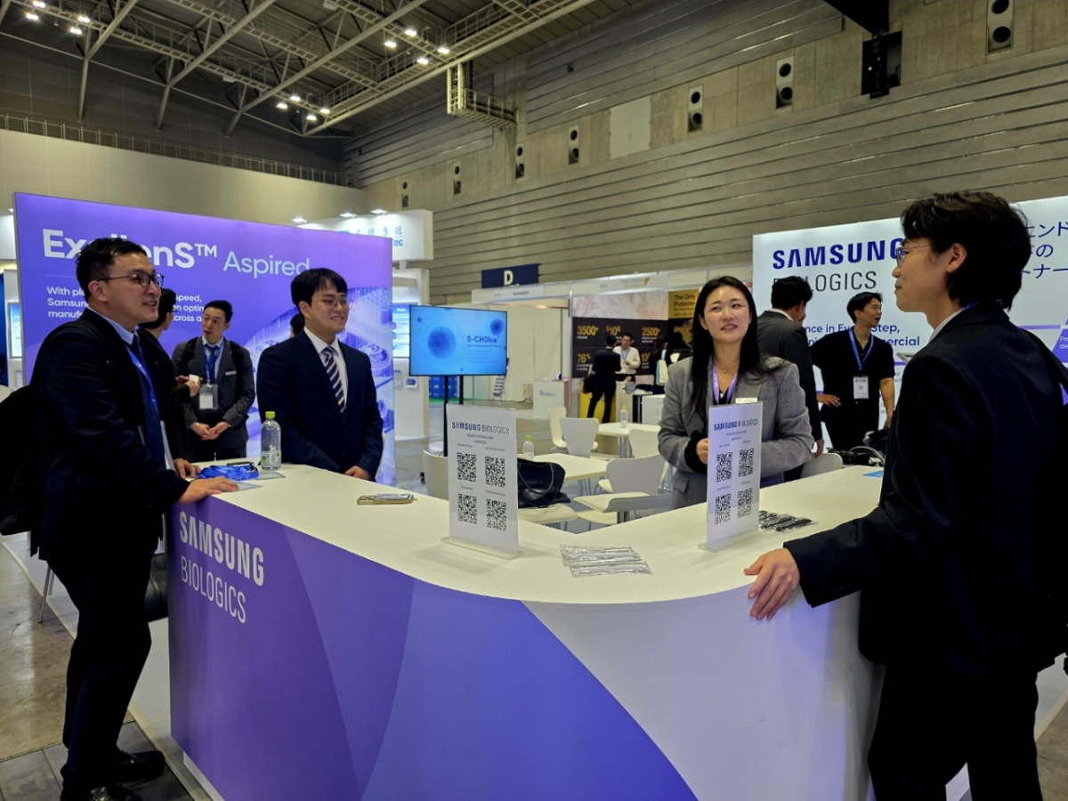 지난 8일 일본 요코하마 파시피코 컨벤션센터에서 개막한 '바이오 재팬(BIO JAPAN) 2025' 현장에 설치된 삼성바이오로직스 부스. /사진제공=삼성바이오로직스