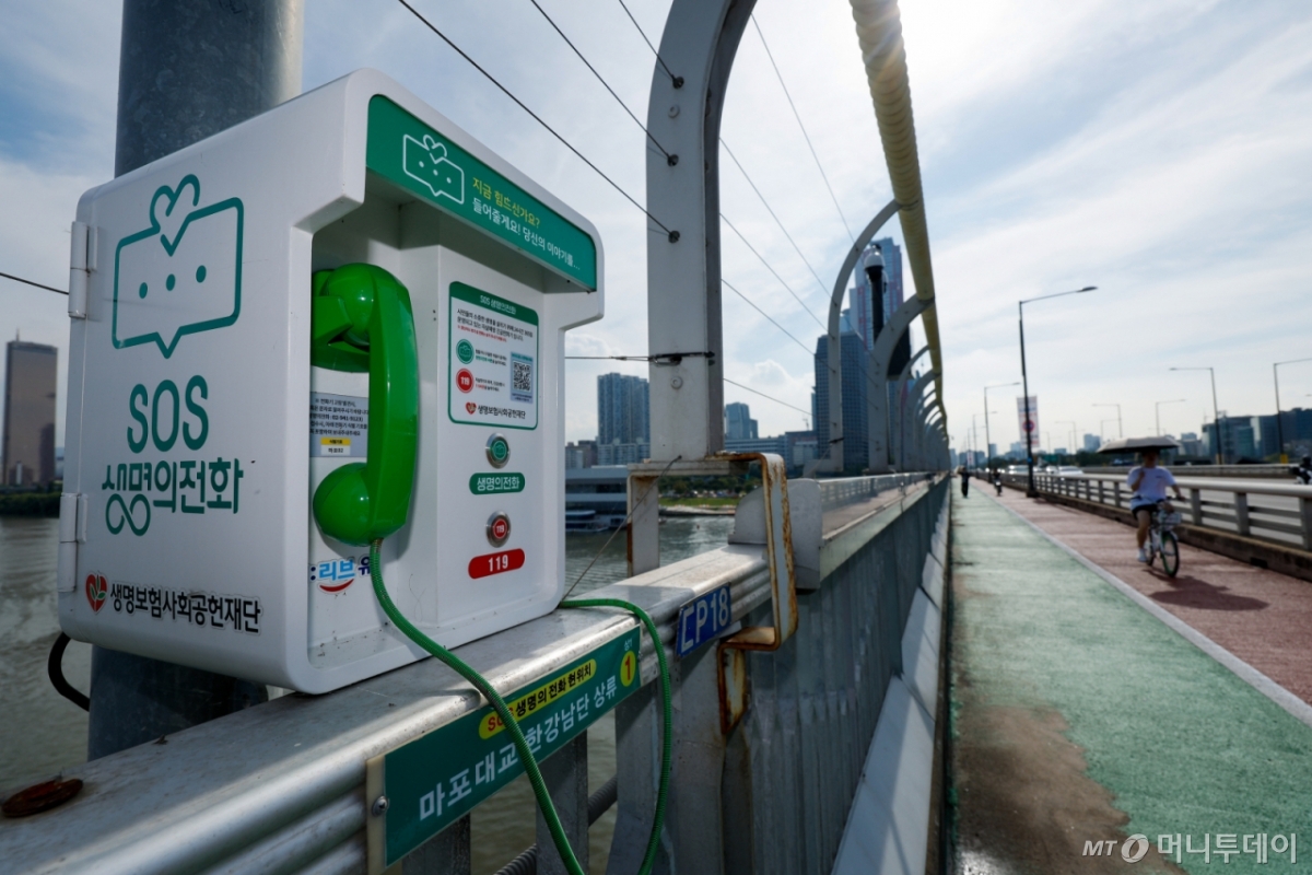 (서울=뉴스1) 안은나 기자 = 25일 서울 마포대교에 SOS 생명의 전화가 놓여 있다.  이날 통계청이 발표한 '2025년 사망원인통계'에 따르면, 지난해 자살 사망자는 1만 4872명으로 전년(1만 3978명)보다 894명(6.4%) 증가했다. 이는 경제협력개발기구(OECD) 회원국 중 가장 높은 자살률이다.  인구 10만 명당 자살자 수를 나타내는 자살 사망률은 29.1명으로 전년 대비 1.8명(6.6%) 늘며, 2011년(31.7명) 이후 가장 높은 수치를 기록했다.   ※우울감 등 말하기 어려운 고민이 있거나 주변에 이런 어려움을 겪는 가족·지인이 있을 경우 자살 예방 상담 전화 ☎109 또는 자살 예방 SNS 상담 '마들랜'에서 24시간 전문가의 상담을 받을 수 있습니다. 2025.9.25/뉴스1  Copyright © 뉴스1. All rights reserved. 무단 전재 및 재배포,  AI학습 이용 금지. /사진=(서울=뉴스1) 안은나 기자