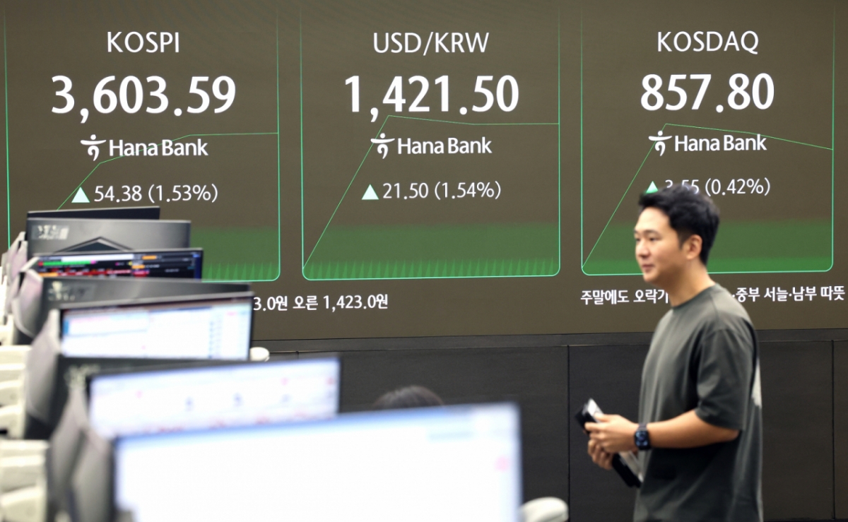 (서울=뉴스1) 이호윤 기자 = 추석 연휴를 마치고 코스피가 3,600선을 돌파하며 최고가를 기록한 오전 서울 중구 하나은행 딜링룸 전광판에 개장 시황이 나오고 있다. 이날 코스피는 전 거래일보다 54.38포인트(1.53.%) 오른 3603.59에, 코스닥 지수는 전 거래일보다 3.55포인트(0.42%) 오른 857.80에 거래되고 있다. 서울외환시장에서 달러·원 환율은 전일보다 21.50원 오른 1421.50원에 거래되고 있다. 2025.10.10/뉴스1 Copyright © 뉴스1. All rights reserved. 무단 전재 및 재배포, AI학습 이용 금지. /사진=(서울=뉴스1) 이호윤 기자