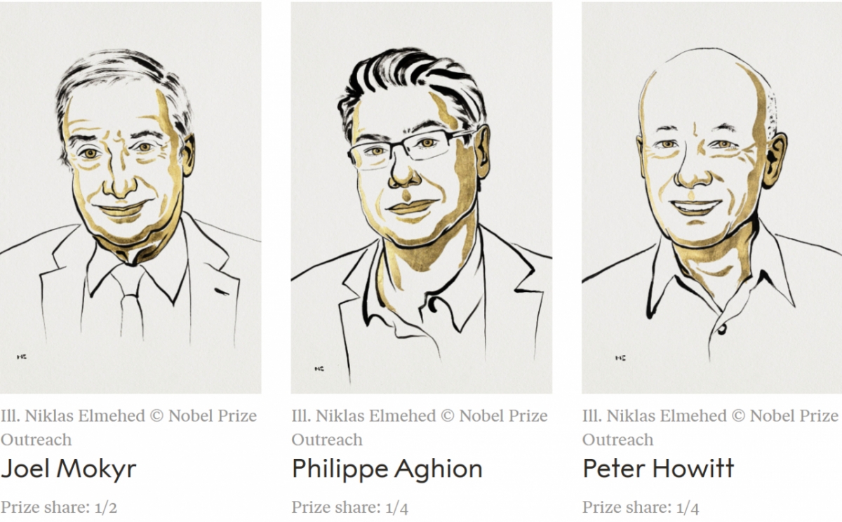 2025년 노벨상 수상자들. 왼쪽부터 조엘 모키르, 필립 아기옹, 피터 하위