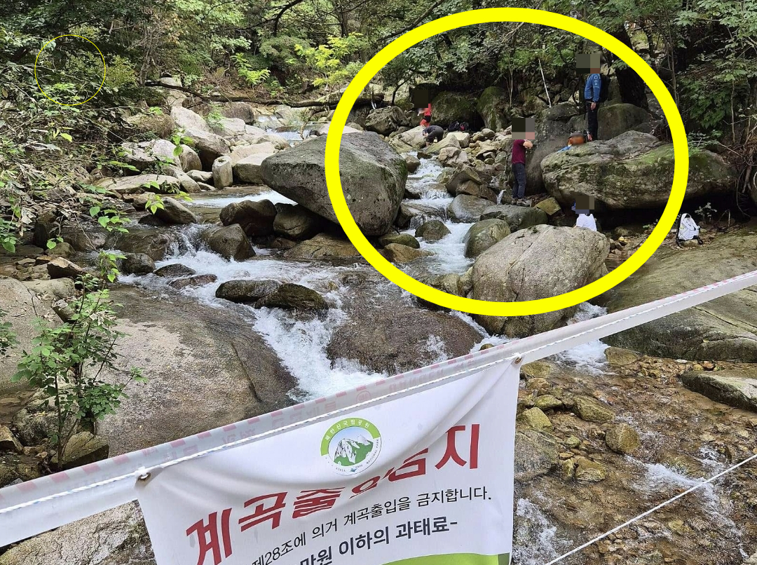 출입 제한 표지가 있는데도 북한산 계곡에 들어가 발을 씻고 머리를 감은 등산객들이 공분을 사고 있다./사진=온라인 커뮤니티