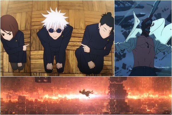 (왼쪽 상단부터 시계방향) '극장판 주술회전: 회옥·옥절'·'극장판 체인소 맨: 레제편'·'극장판 귀멸의 칼날: 무한성편' 스틸 컷  / 사진=메가박스중앙㈜ , 소니 픽쳐스, CJ ENM