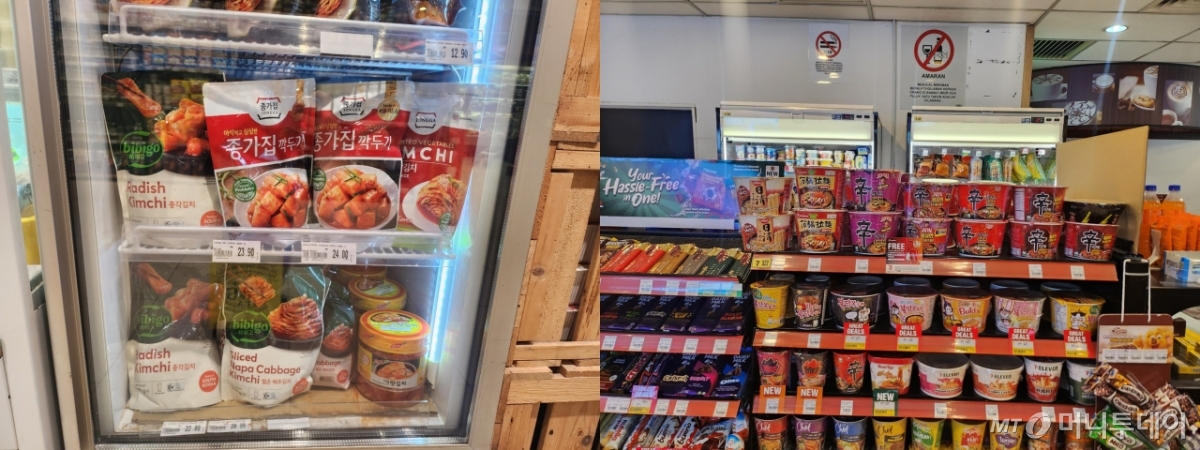말레이시아 쿠알라룸푸르에 위치한 한 현지 슈퍼마켓에 한국 김치가 진열돼 있는 모습(왼쪽). 말레이시아 현지 편의점에 불닭볶음면 등 한국 라면이 진열돼 있는 모습(오른쪽)/사진=송정현 기자
