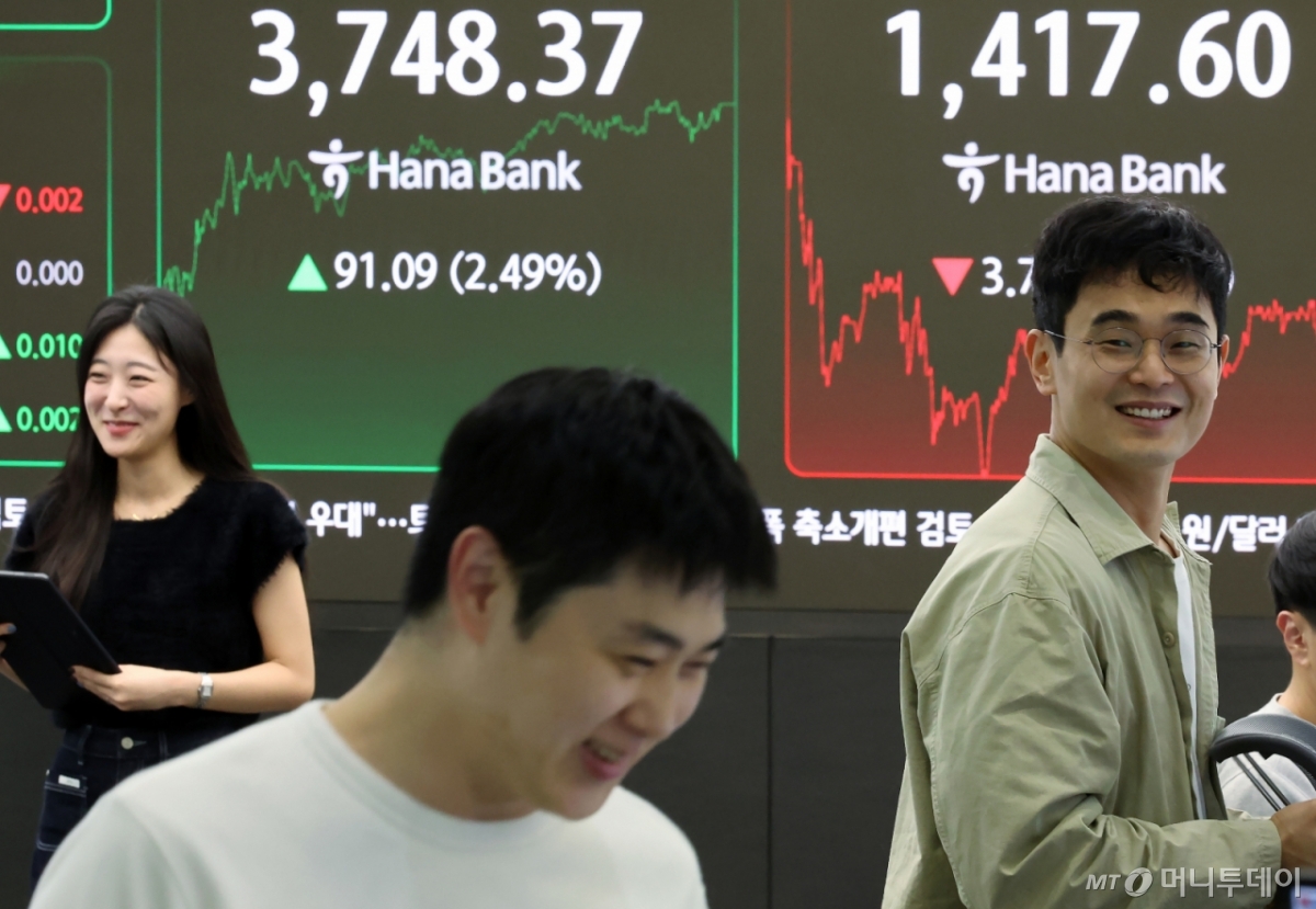 코스피가 한미 무역협상 최종 타결 기대감에 사상 최고치를 새로 쓴 16일 오후 서울 중구 하나은행 본점 딜링룸 전광판에 증시 종가가 표시되고 있다./사진=뉴스1