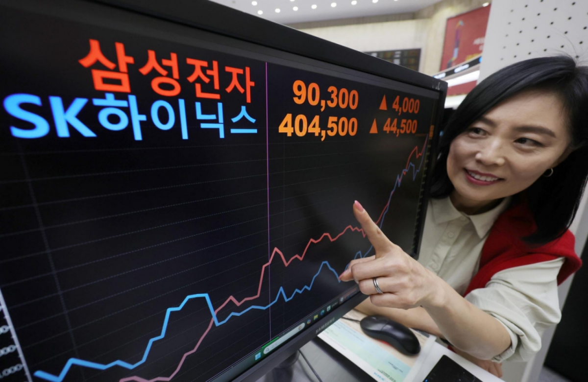 [서울=뉴시스] 홍효식 기자 = 한국 증시가 사상 첫 3500선을 돌파한 2일 오후 서울 영등포구 한국거래소 서울사무소 홍보관에 장중 9만원을 터치한 삼성전자와 장중 40만원을 넘은 SK하이닉스의 장중 최고치가 표시되고 있다. 2025.10.02. yesphoto@newsis.com /사진=홍효식