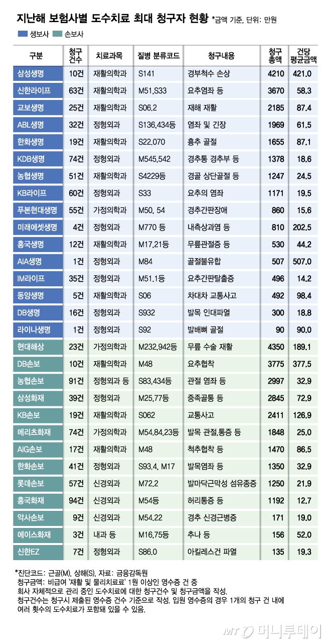 지난해 보험사별 도수치료 최대 청구자 현황/그래픽=김다나