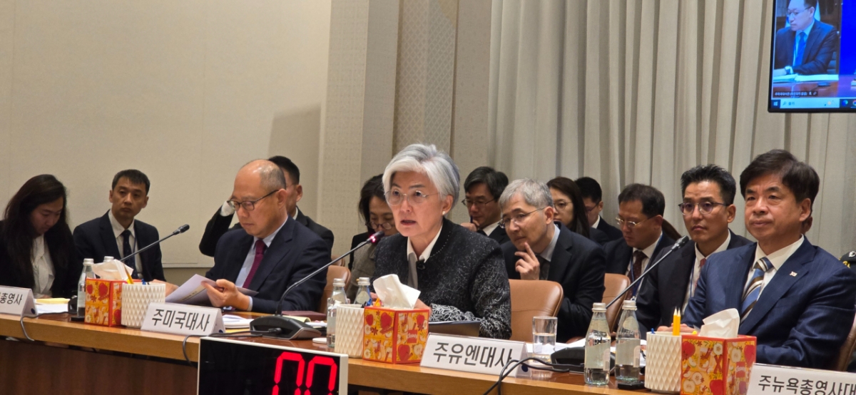 강경화 주미대사가 17일(현지시간) 미국 뉴욕 주유엔한국대표부에서 열린 국회 외교통일위원회 국정감사에서 의원들의 질문에 답하고 있다. /사진=심재현 특파원
