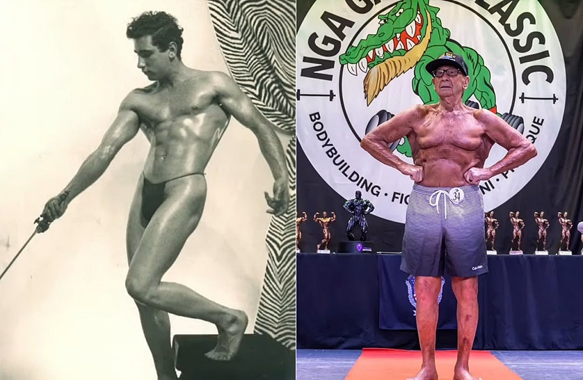 앤드류 보스틴토가 17세이던 1942년 '스트렝스앤머슬매거진'(Strength and Muscle Magazine)에 실린 사진(왼쪽)과 100세이던 올해 5월 '내셔널짐어소시에이션'(National Gym Association)의 게이터클래식(Gator Classic) 부문 무대에 선 모습./사진=데일리메일