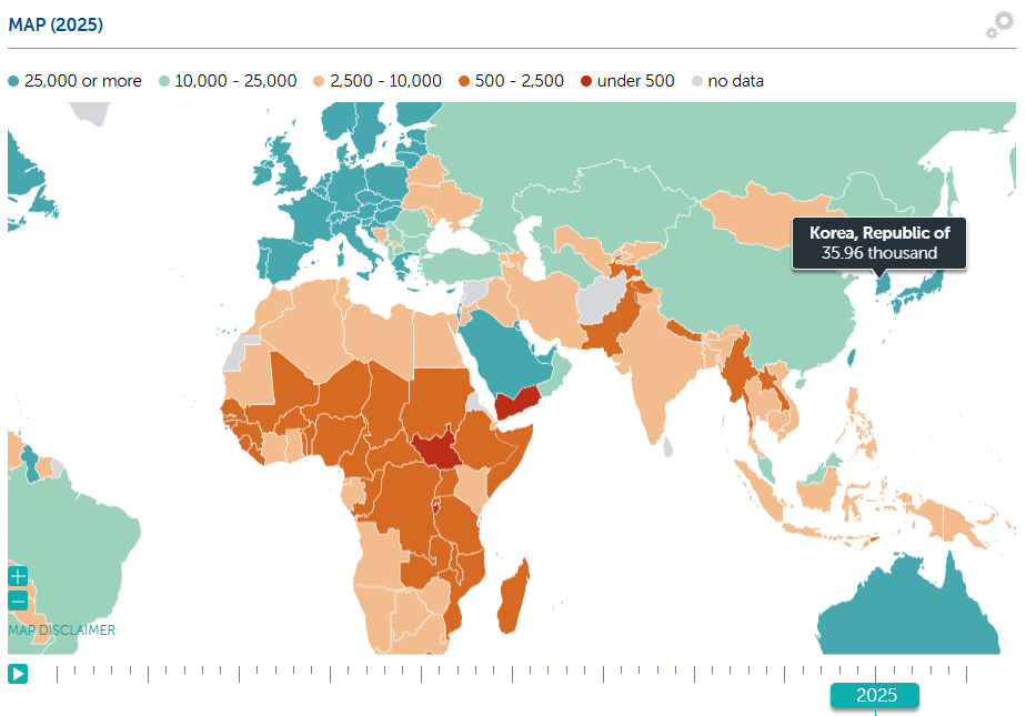 IMF가 공개한 '세계경제전망(World Economic Outlook)' 보고서 속 국가별 1인당 GDP 현황. 