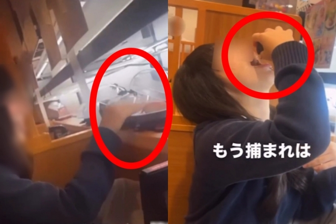 일본 야마가타현에 있는 회전초밥 매장에서 한 여고생이 회전대 위 초밥에 침을 묻히고 간장병 입구를 혀로 핥는 모습./사진=엑스(X·옛트위터) 
