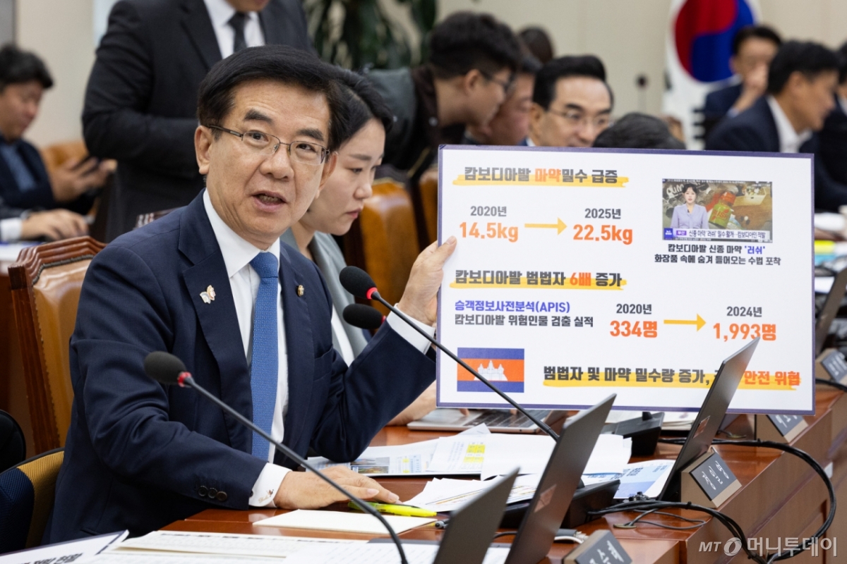 (서울=뉴스1) 유승관 기자 = 정일영 더불어민주당 의원이 21일 서울 여의도 국회에서 열린 기획재정위원회의 국가데이터처 등에 대한 국정감사에서 이명구 관세청장에게 캄보디아발 마약 밀수 관련 질의를 하고 있다. 2025.10.21/뉴스1  Copyright © 뉴스1. All rights reserved. 무단 전재 및 재배포,  AI학습 이용 금지. /사진=(서울=뉴스1) 유승관 기자