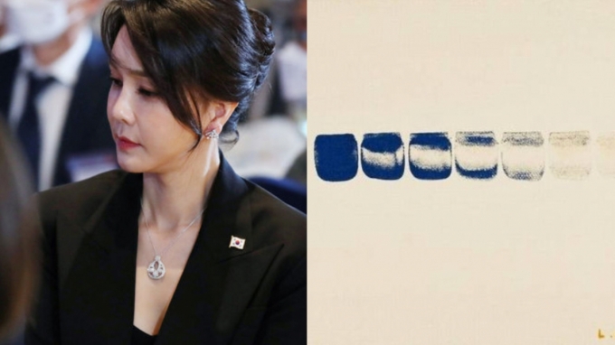 2022년 6월 나토 순방 당시 반클리프 아펠 목걸이를 착용한 김 여사(왼쪽), 이우환 화백의 그림 점으로부터 No.800298(오른쪽). /사진=뉴시스