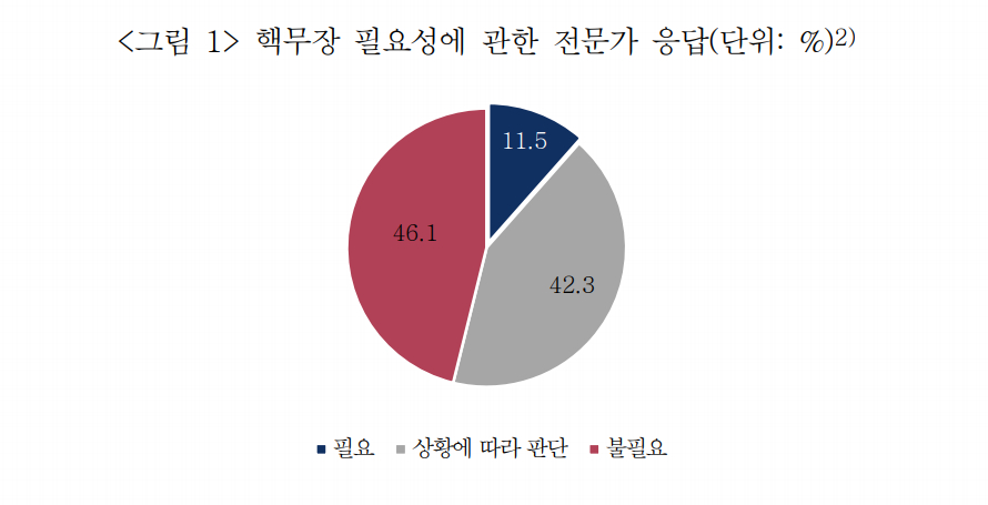 통일연구원의 설문에선 독자 핵무장 필요성에 대해 '필요하지 않다'는 응답이 46.1%로 가장 높았다. 그러나 '상황에 따라 판단해야 한다'는 답변도 42.3%를 기록했다. 통일·안보 전문가 가운데 11.5%는 핵무장 필요성에 공감했다. 일부 설문에서 핵무장 필요와 불필요 간 중복도 있지만 구체적인 내용은 설문에 나오지 않았다. / 사진=통일연구원