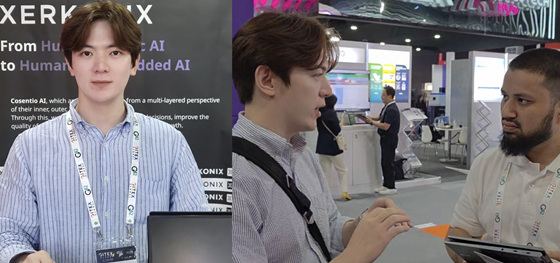 (왼쪽 사진)김두현 제르코닉스 대표가 'GITEX GLOBAL' 제르코닉스 부스에서 기념사진을 촬영 중이다. (오른쪽 사진)김두현 대표가 부스 방문객에게 기술을 설명 중인 모습/사진제공=제르코닉스