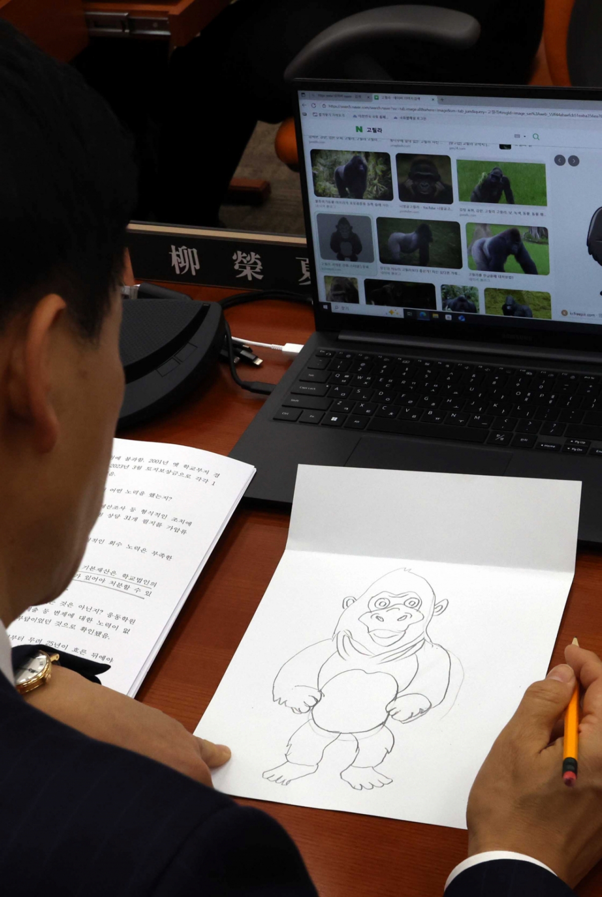 유영하 국민의힘 의원이 지난 27일 국회 정무위원회 국정감사에서 고릴라 그림을 그리고 있다. /사진=뉴시스