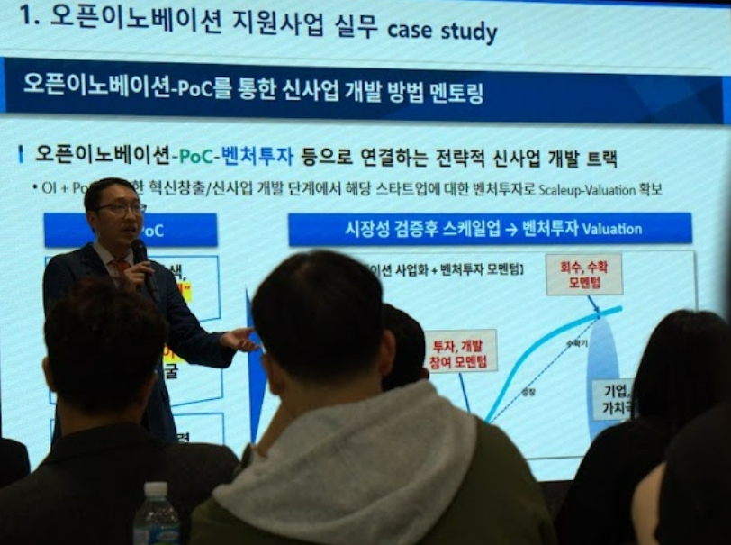 29일 서울 강남구 서울창업허브 스케일업센터애서 '서울 오픈이노베이션 커넥트 데이'가 열렸다. 진형석 무역헙회 박사의 발표/사진=SBA