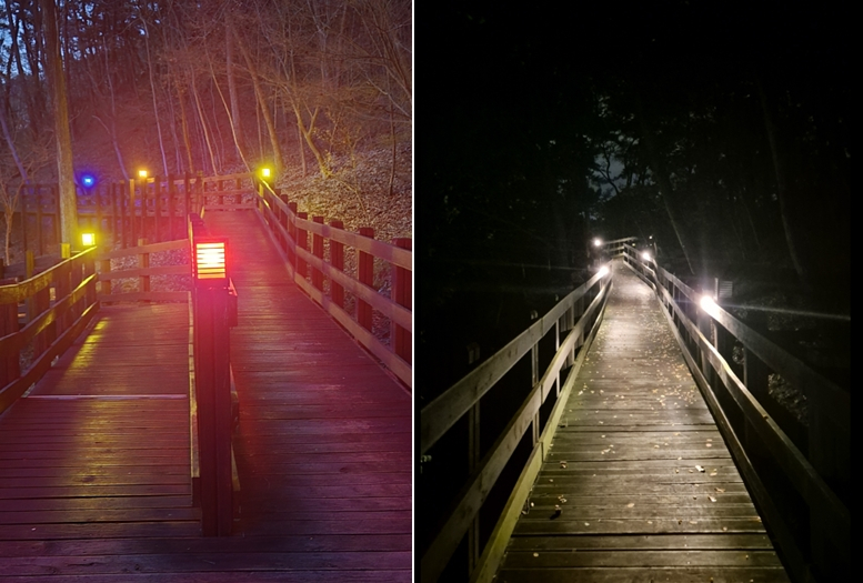 전북 남원 솔바람길 스마트 조명 시스템 설치 전(왼쪽), 설치 후(오른쪽) 보행자의 시야 /사진=한국건설기술연구원