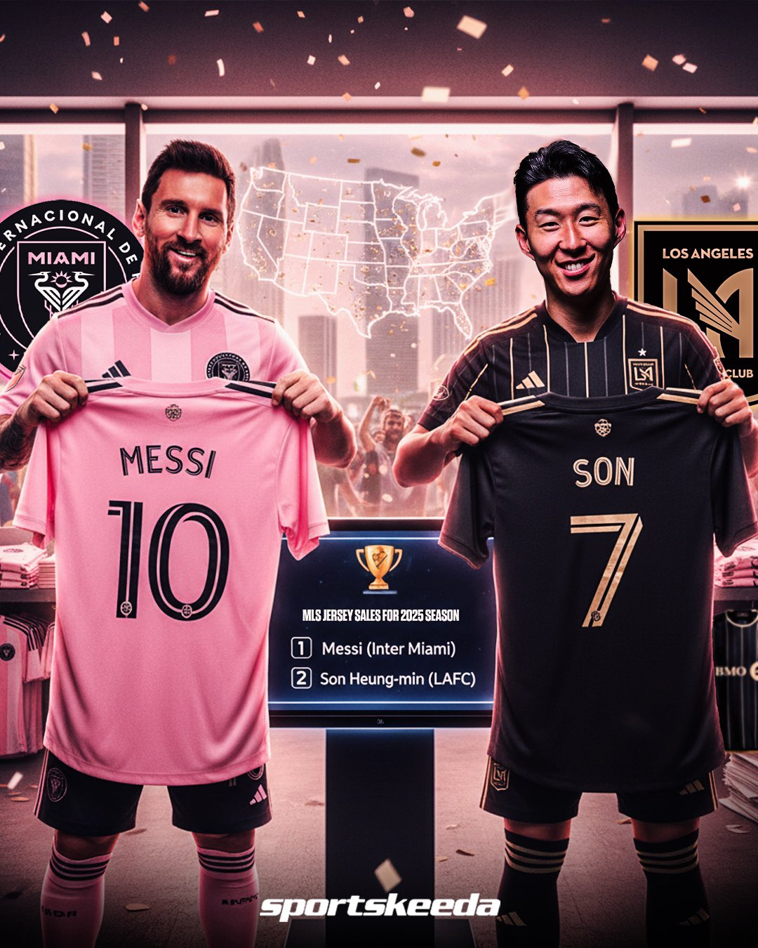 2025 미국 프로축구 메이저리그사커(MLS) 유니폼 판매량 1, 2위에 오른 리오넬 메시(왼쪽)와 손흥민. /사진=스포츠키다 SNS 캡처