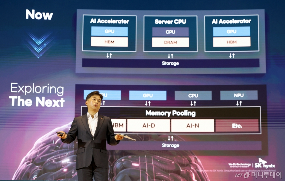 곽노정 SK하이닉스 대표이사 사장이 3일 서울 강남구 코엑스에서 열린 'SK AI SUMMIT 2025'에서 AI시대, SK하이닉스가 그리는 새로운 비전과 기술을 주제로 기조연설하고 있다. /사진=뉴시스 /사진=홍효식
