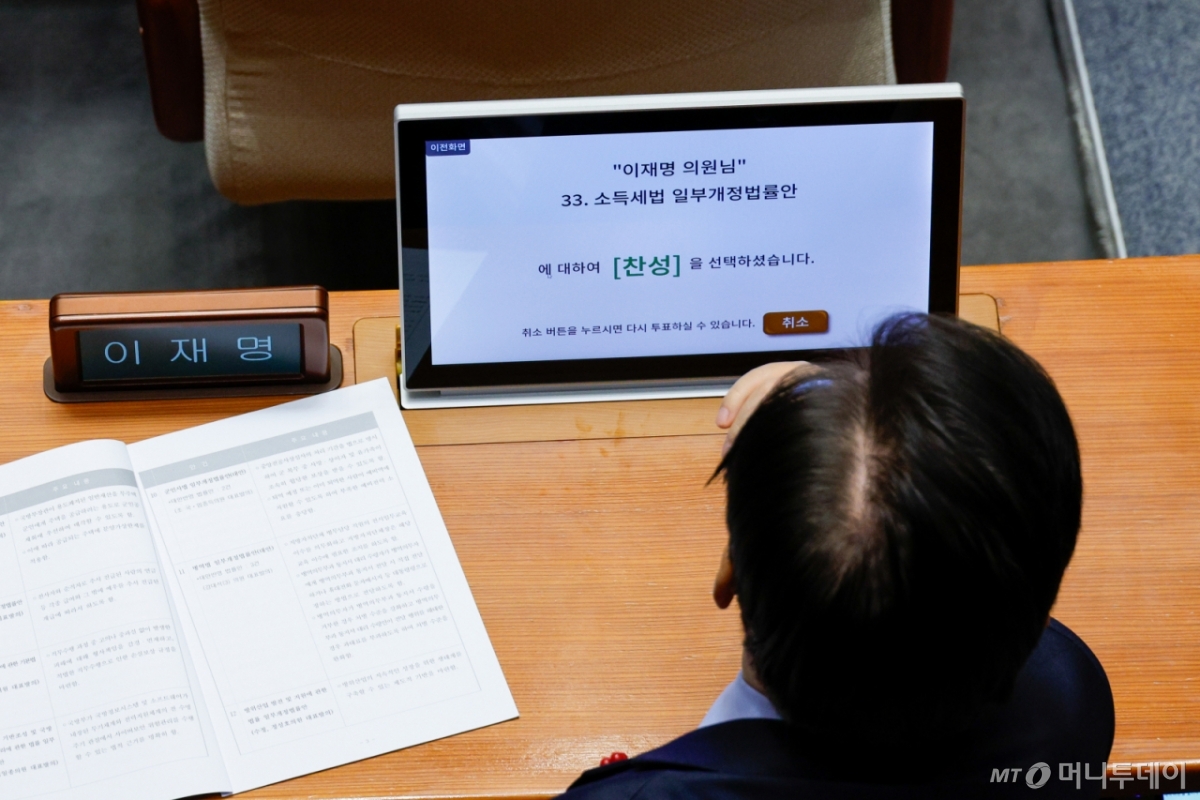 (서울=뉴스1) 안은나 기자 = 이재명 더불어민주당 대표가 10일 오후 서울 여의도 국회에서 열린 제418회국회(정기회) 18차 본회의에서 금투세 폐지를 위한 소득세법 일부개정법률안 찬성을 누르고 있다. 2024.12.10/뉴스1  Copyright © 뉴스1. All rights reserved. 무단 전재 및 재배포,  AI학습 이용 금지. /사진=(서울=뉴스1) 안은나 기자