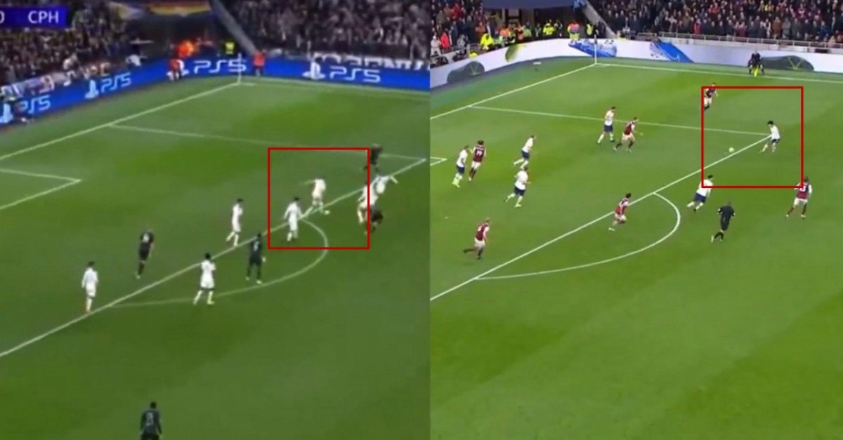 5일 토트넘 미키 판더펜의 코펜하겐전 득점 과정 영상(왼쪽)과 지난 2019년 손흥민의 번리전 득점 영상을 나란히 배치한 장면. /사진=풋볼 컨피덴셜 캡처