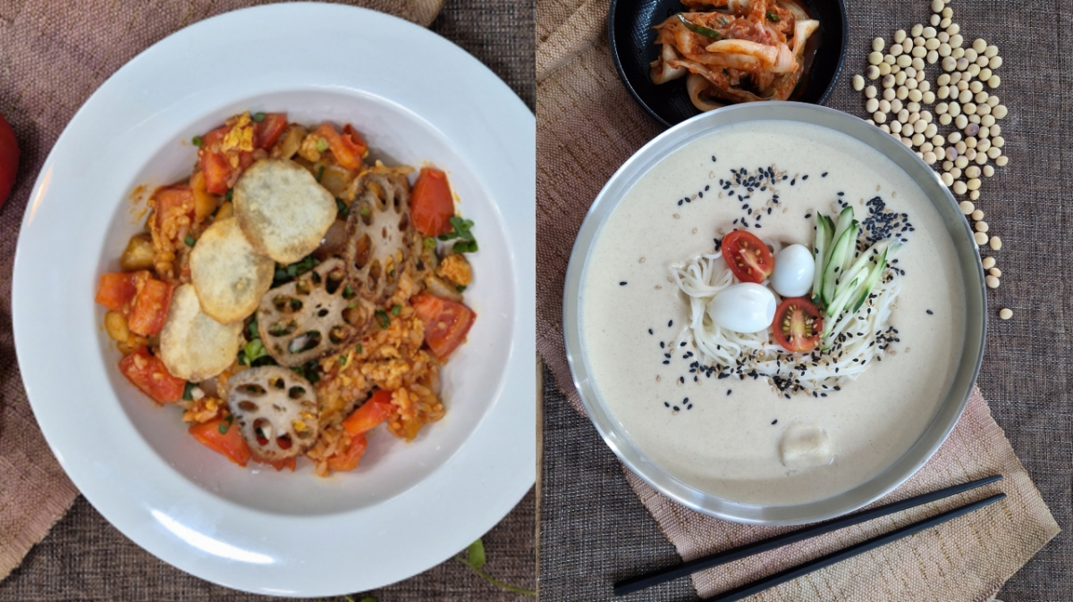 손미자 대표가 서민금융진흥원 컨설턴트로부터 레시피를 전수받아 개발한 마·토마토 볶음밥(왼쪽)과 수제 콩국수(오른쪽)/사진제공=서민금융진흥원.