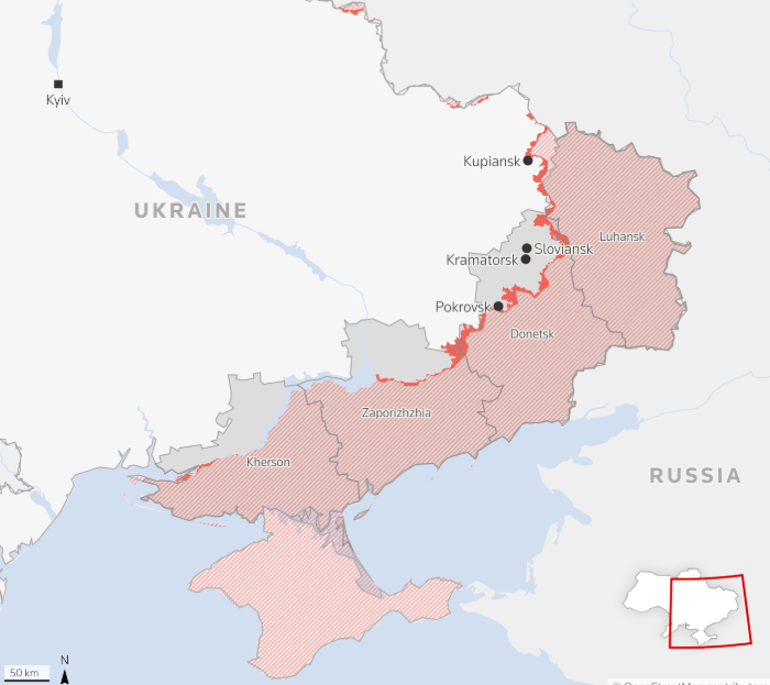 2일(현지시간) 기준 우크라이나 동부 내 러시아군의 점령(빗금표시) 및 진격 지역 /로이터=뉴스1
