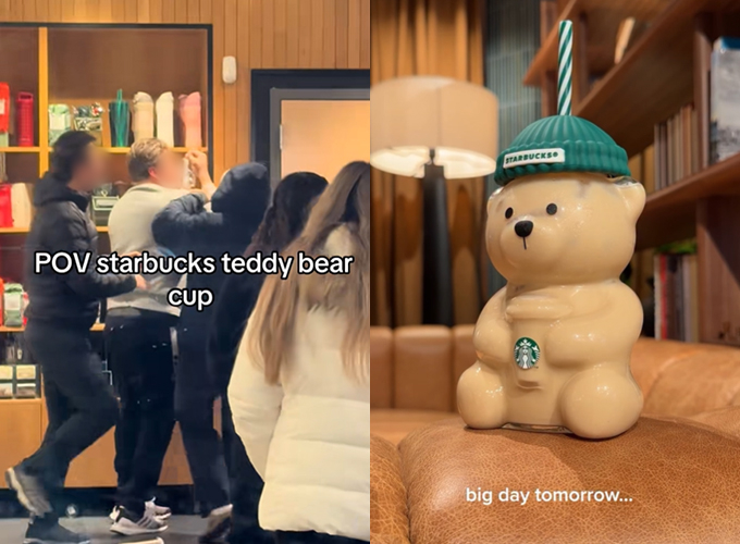최근 미국 커피 전문점 '스타벅스'가 한정판으로 선보인 곰 모양 유리컵이 폭발적인 인기를 끌고 있다. 컵을 구하기 위해 사람들이 새벽 줄서기에 나설 뿐만 아니라 난투극까지 벌이는 등 웃지 못할 촌극도 벌어졌다./사진=틱톡 (@jerjericciardi2)미국 스타벅스 공식 인스타그램