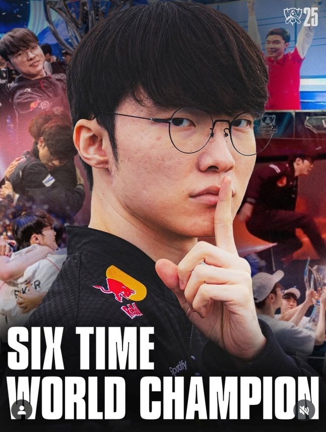 리그 오브 레전드 공식 계정이 9일 '페이커' 이상혁의 롤드컵 6회 우승을 축하했다. /사진=리그 오브 레전드 공식 SNS 계정 갈무리