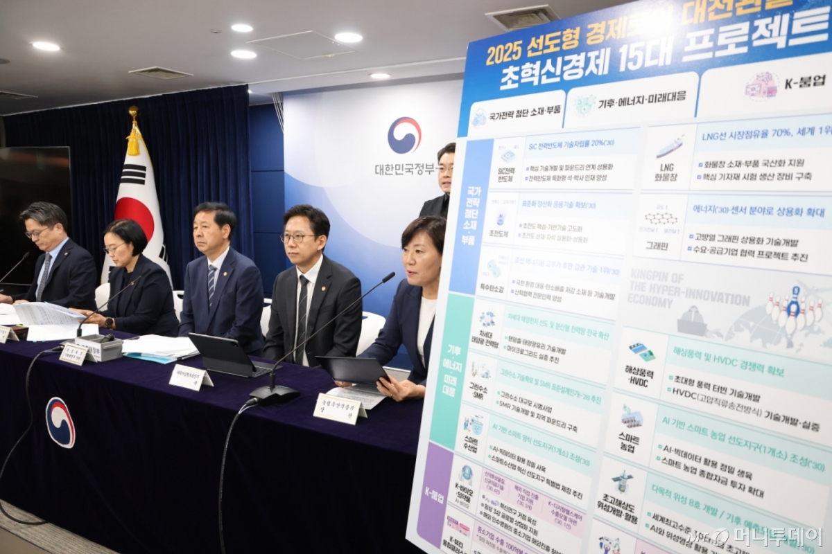 지난 8월 서울 종로구 정부서울청사에서 열린 새정부 경제성장전략 관계부처 합동 브리핑 현장에서 각 부처 장관이 국가 AI 대전환을 위한 15대 선도 프로젝트를 발표하고 있다. 왼쪽부터 한성숙 중소벤처기업부 장관, 구윤철 부총리, 배경훈 과학기술정보통신부 장관, 송미령 농림축산식품부 장관. /사진=뉴스1