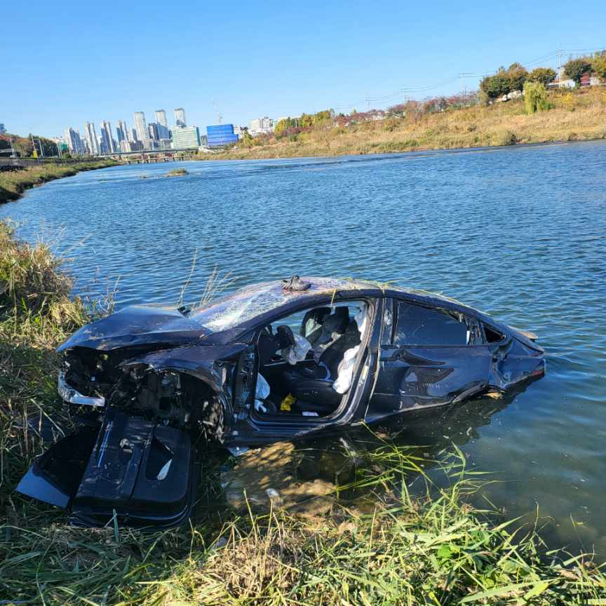10일 경찰 등에 따르면 이날 오전 11시37분쯤 성동구 동부간선도로에서는 테슬라 차 한 대가 중랑천으로 추락했다. /사진제공=서울 성동경찰서.